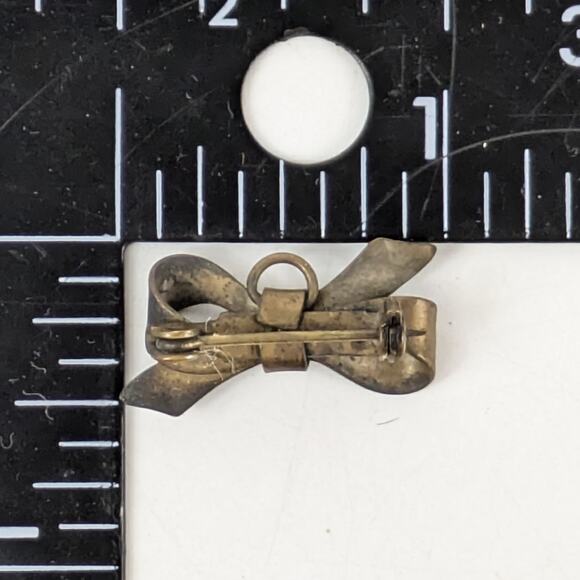 Authentic Vtg Brass Bow Brooch Pin w/ Loop Antique Jewelry Art Deco Patina Gift - Picture 3 of 3